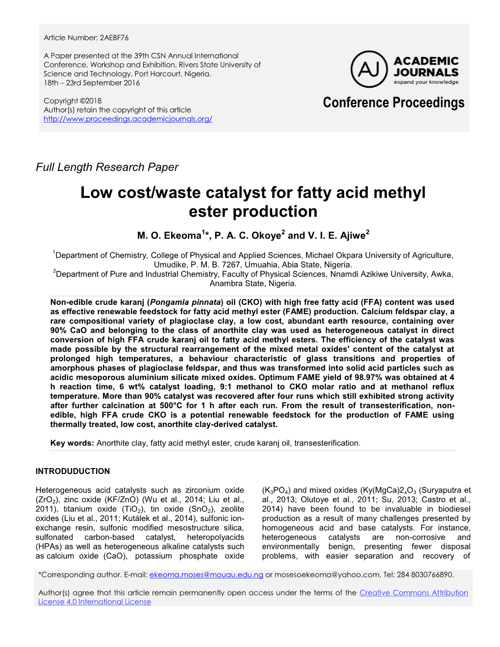 Low Cost/Waste Catalyst for Fatty Acid Methyl Ester Production