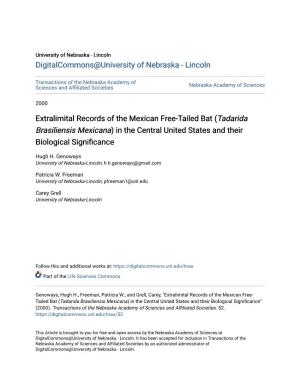 Extralimital Records of the Mexican Free-Tailed Bat (Tadarida Brasiliensis Mexicana) in the Central United States and Their Biological Significance