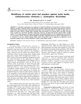 Bioefficacy of Certain Plant Leaf Powders Against Pulse Beetle, Callosobruchus Chinensis L