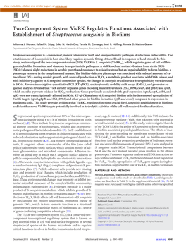 Two-Component System Vicrk Regulates Functions Associated with Establishment of Streptococcus Sanguinis in Bioﬁlms