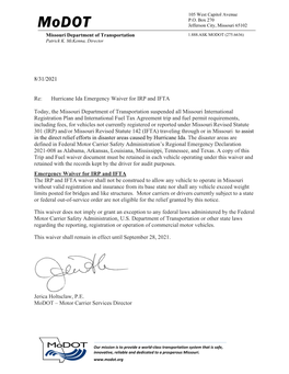 Hurricane Ida Emergency Waiver for IRP and IFTA