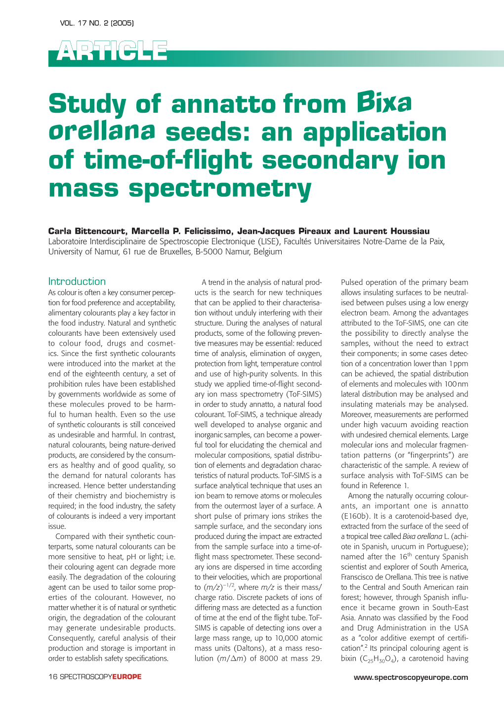 Study of Annatto from Bixa Orellana Seeds: an Application of Time-Of-Flight Secondary Ion Mass Spectrometry