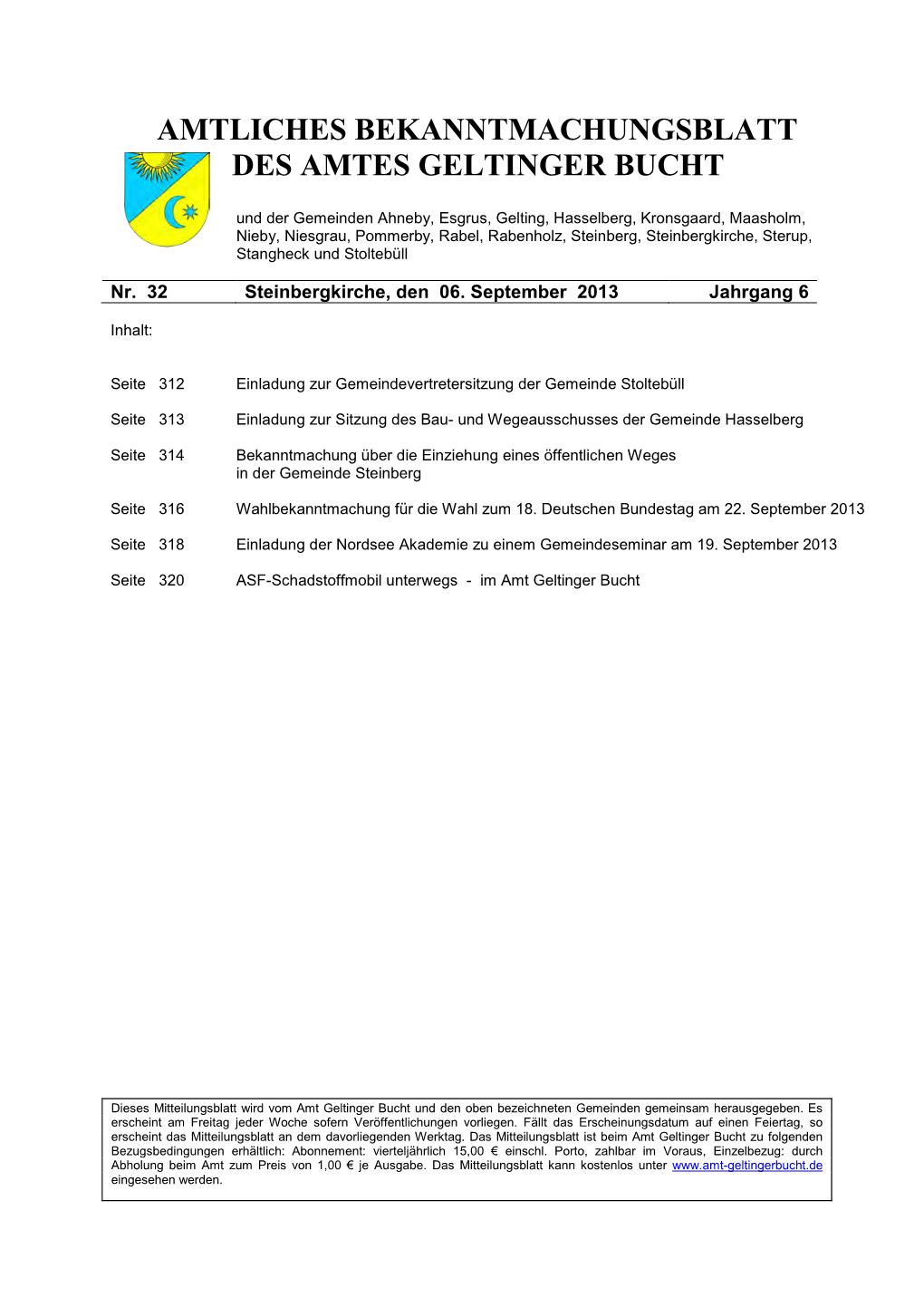 Amtliches Bekanntmachungsblatt Des Amtes Geltinger Bucht Nr. 32/2013