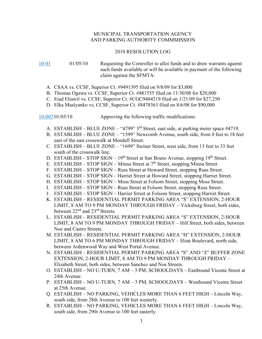 2010 Board Resolution Log (PDF)