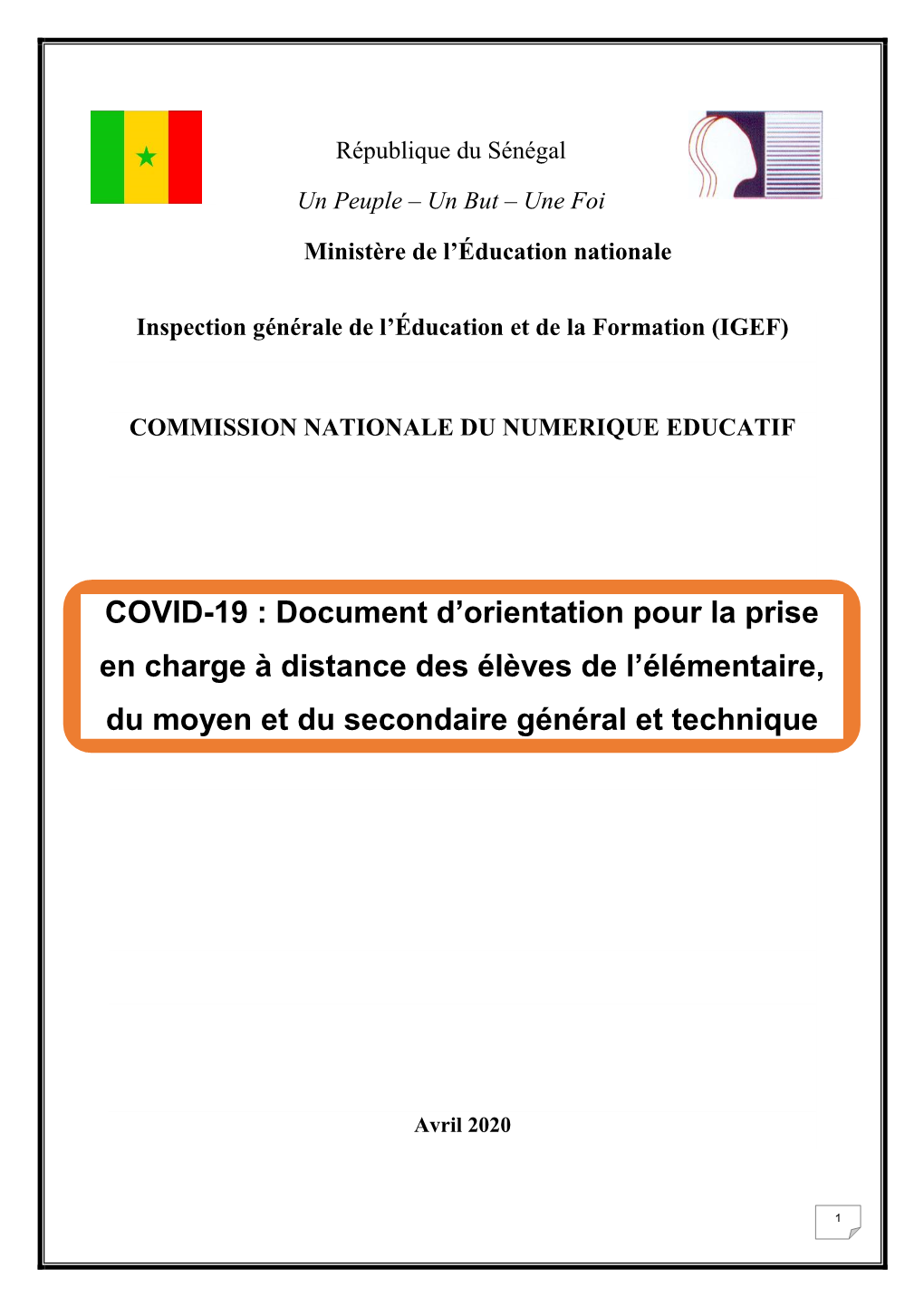 COVID-19 : Document D'orientation Pour La Prise En Charge À Distance Des Élèves De L'élémentaire, Du Moyen Et Du Second