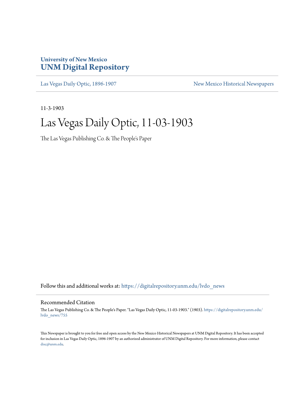 Las Vegas Daily Optic, 11-03-1903 the Las Vegas Publishing Co