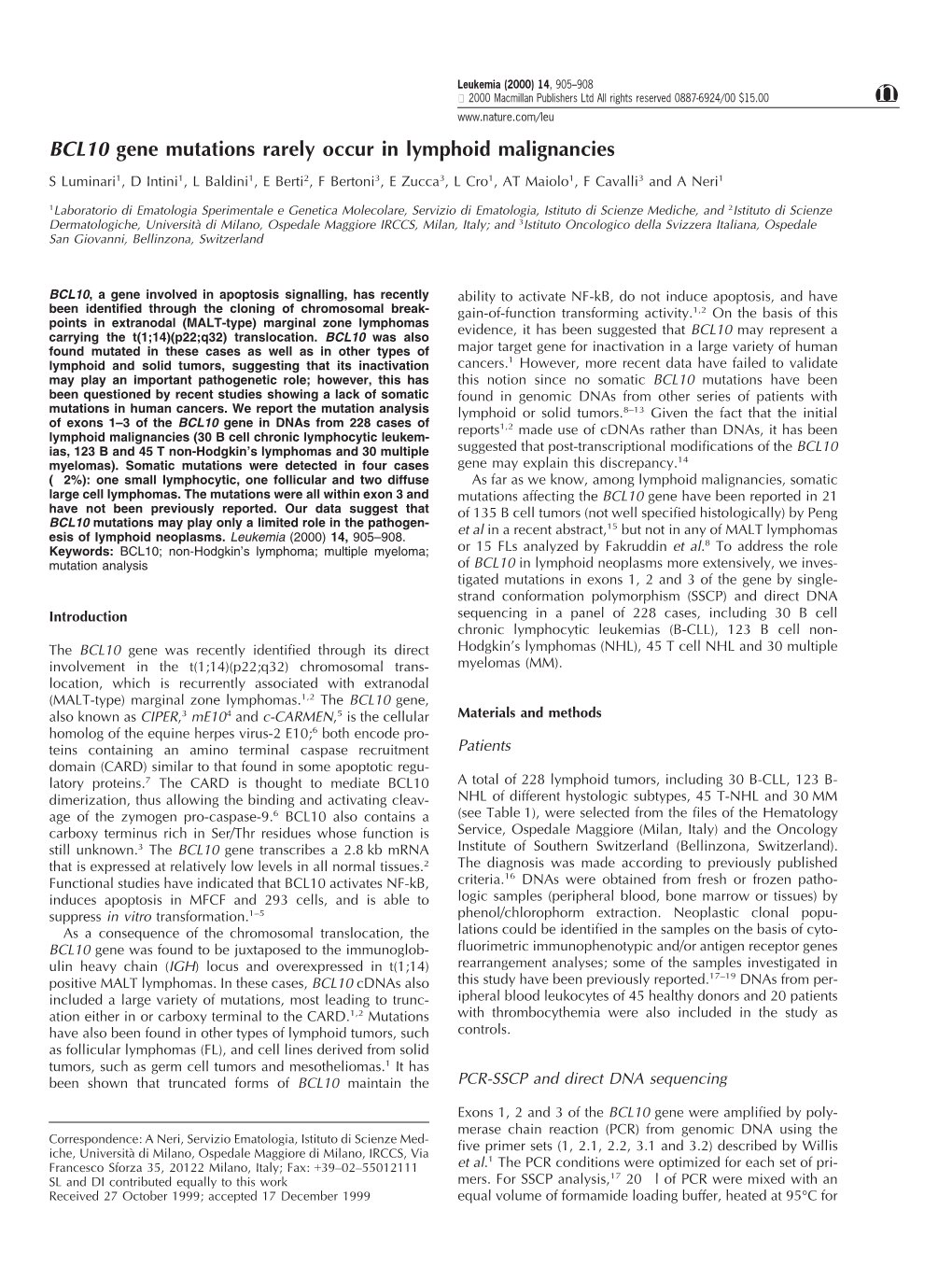 BCL10 Gene Mutations Rarely Occur in Lymphoid Malignancies