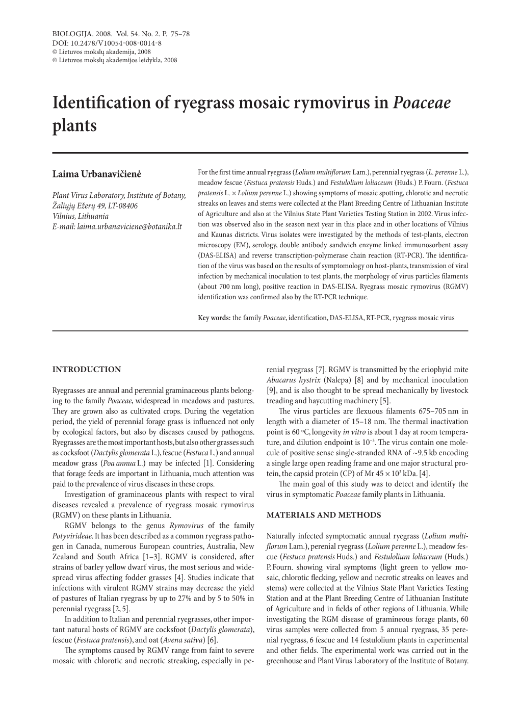 Identification of Ryegrass Mosaic Rymovirus in Poaceae Plants