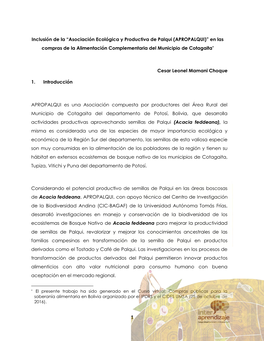 Inclusión De La “Asociación Ecológica Y Productiva De Palqui (APROPALQUI)” En Las Compras De La Alimentación Complementaria Del Municipio De Cotagaita*