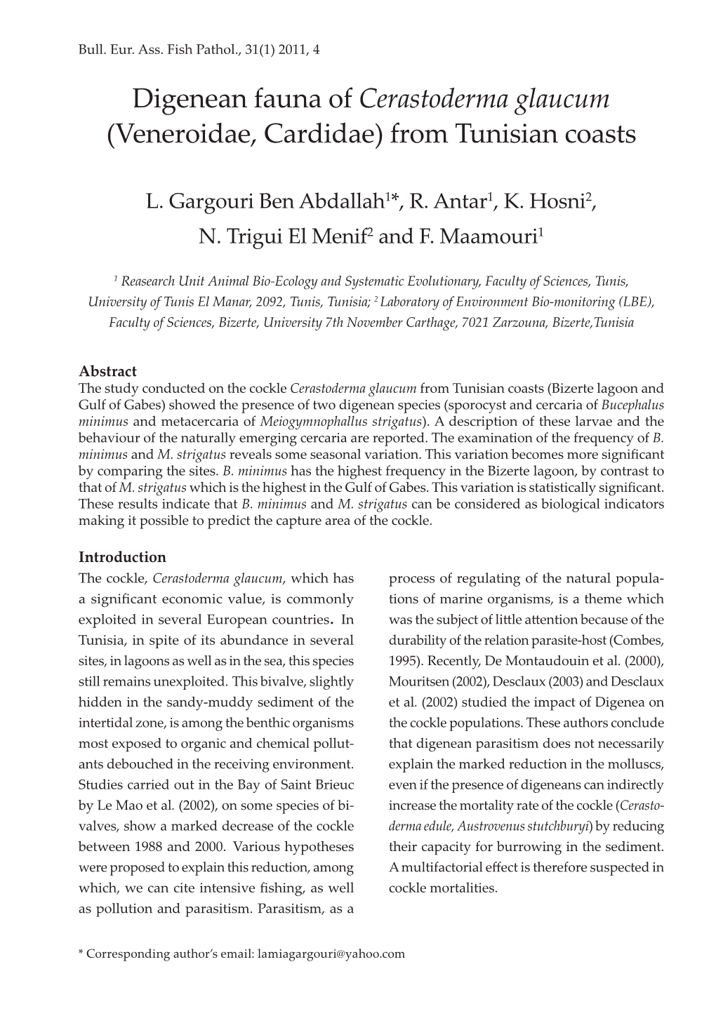 Digenean Fauna of Cerastoderma Glaucum (Veneroidae, Cardidae) from Tunisian Coasts