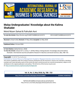 Malay Undergraduates' Knowledge About the Kalima Shahadat