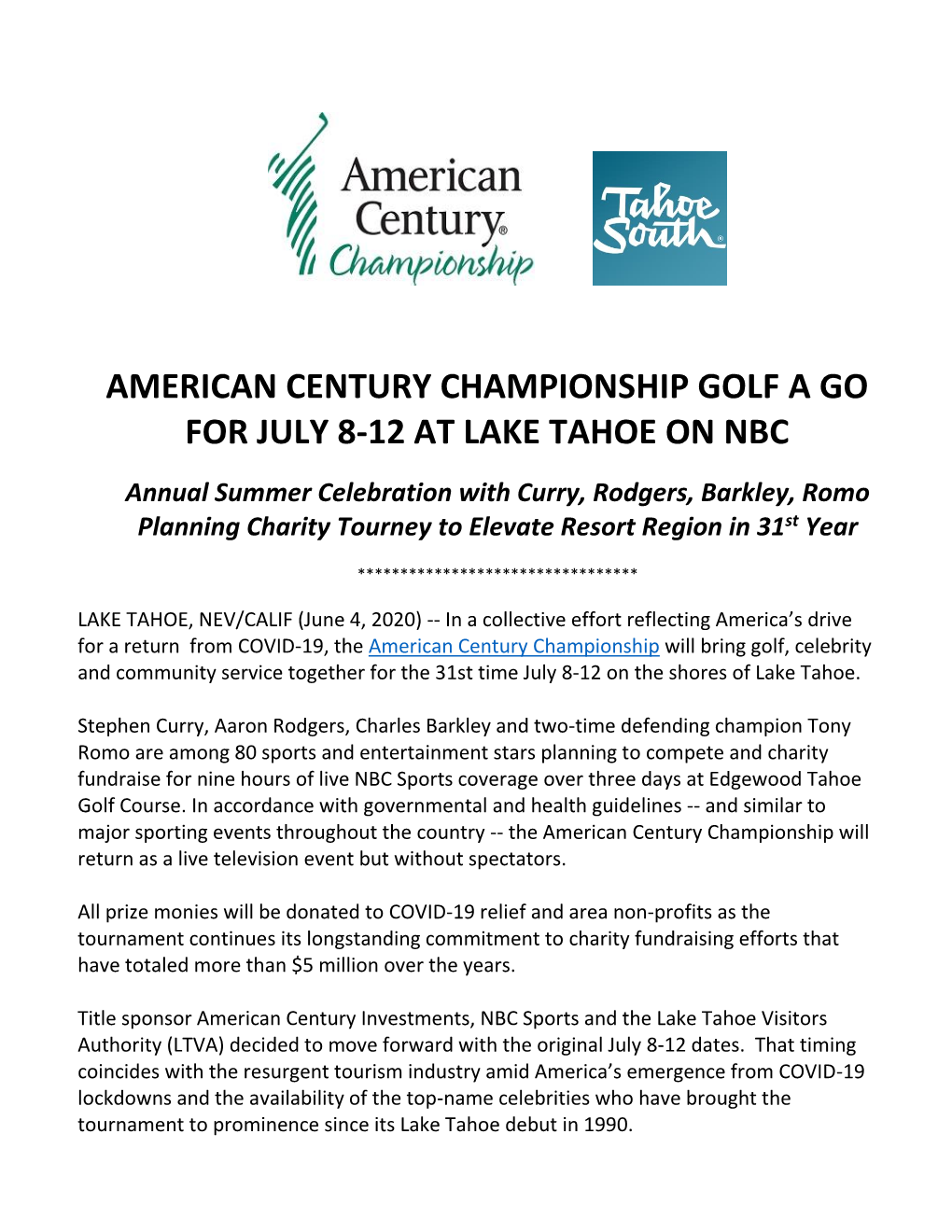 American Century Championship Golf a Go for July 8-12 at Lake Tahoe on Nbc
