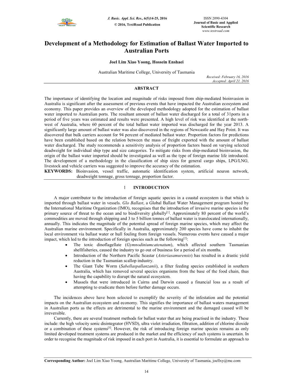 Development of a Methodology for Estimation of Ballast Water Imported to Australian Ports