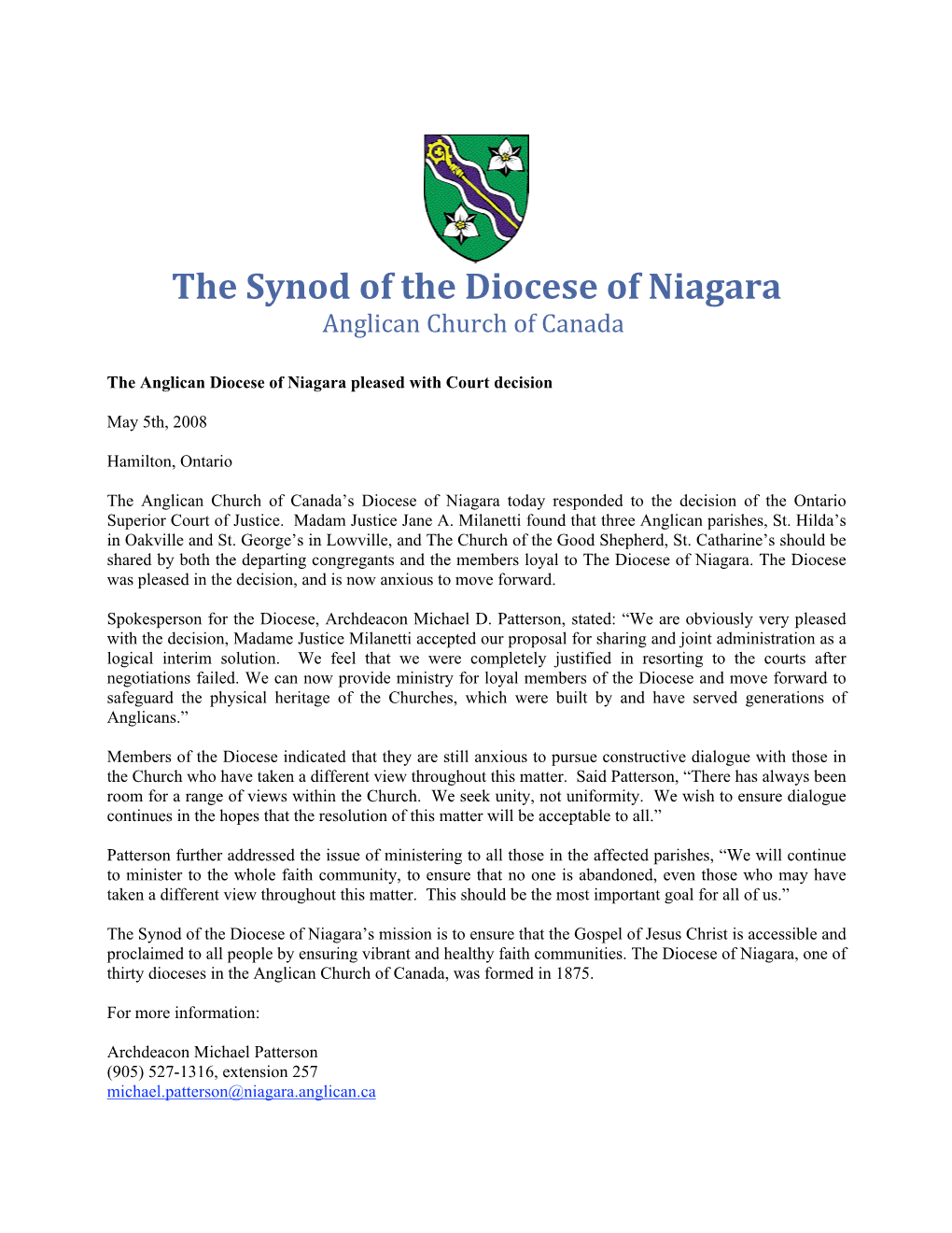 The Synod of the Diocese of Niagara Anglican Church of Canada