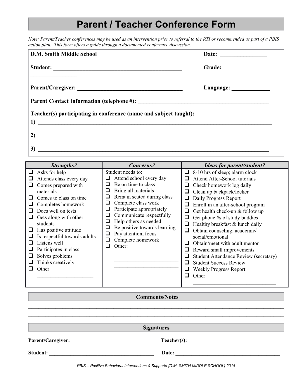 Sample Parent / Teacher Conference Form