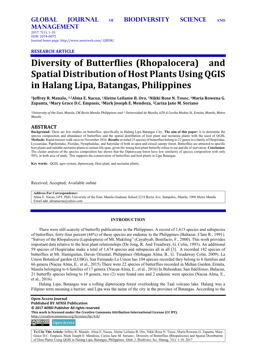 Diversity of Butterflies (Rhopalocera) and Spatial Distribution of Host Plants Using QGIS in Halang Lipa, Batangas, Philippines