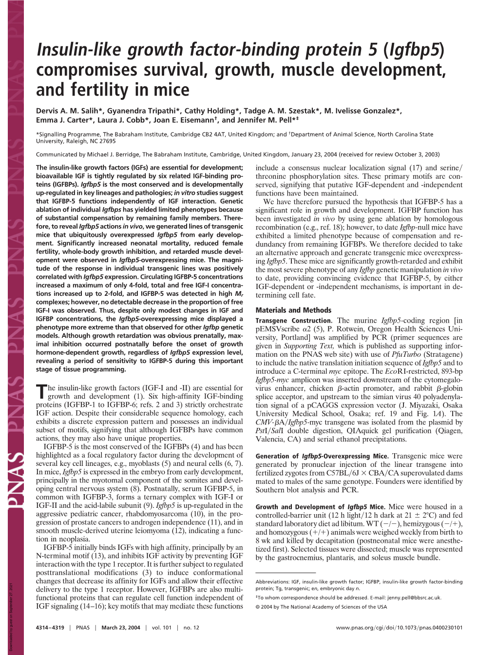 (Igfbp5) Compromises Survival, Growth, Muscle Development, and Fertility in Mice