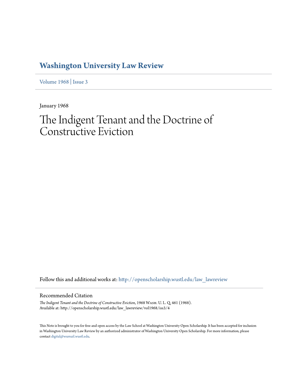 The Indigent Tenant and the Doctrine of Constructive Eviction, 1968 Wash