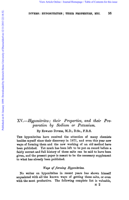 Hyponitrites ; Their Properties, and Their Pre- Paration by Sodium Or Potassium