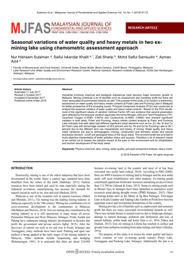 Seasonal Variations of Water Quality and Heavy Metals in Two Ex- Mining Lake Using Chemometric Assessment Approach
