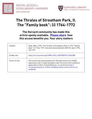 The Thrales of Streatham Park, II. the "Family Book": (I) 1764-1772