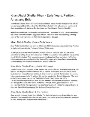 Khan Abdul Ghaffar Khan - Early Years, Partition, Arrest and Exile