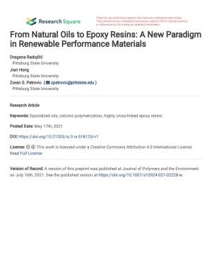 From Natural Oils to Epoxy Resins: a New Paradigm in Renewable Performance Materials