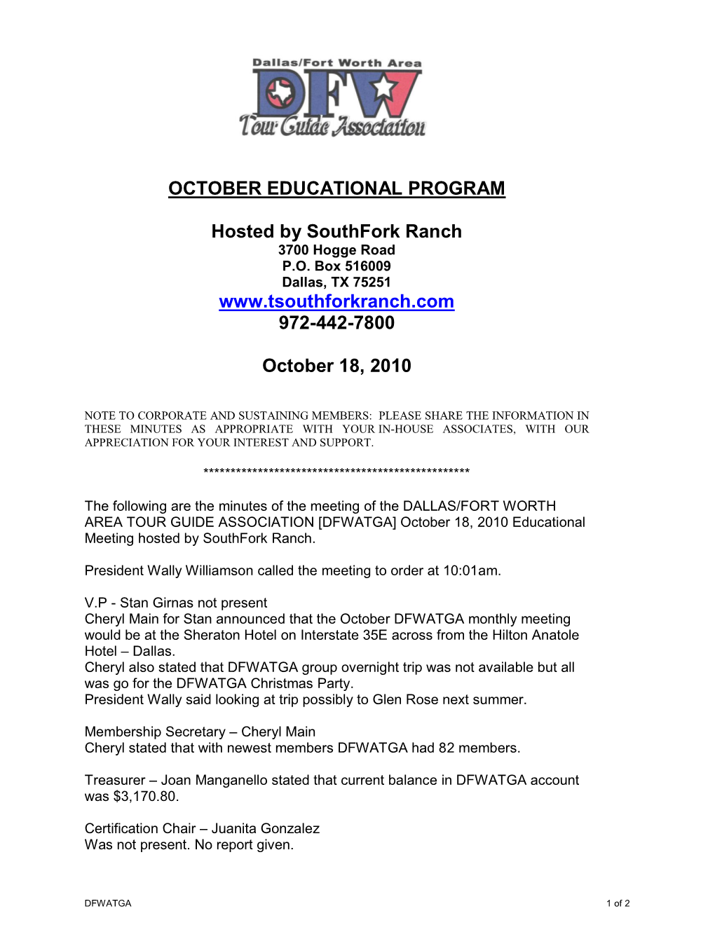 OCTOBER EDUCATIONAL PROGRAM Hosted by Southfork