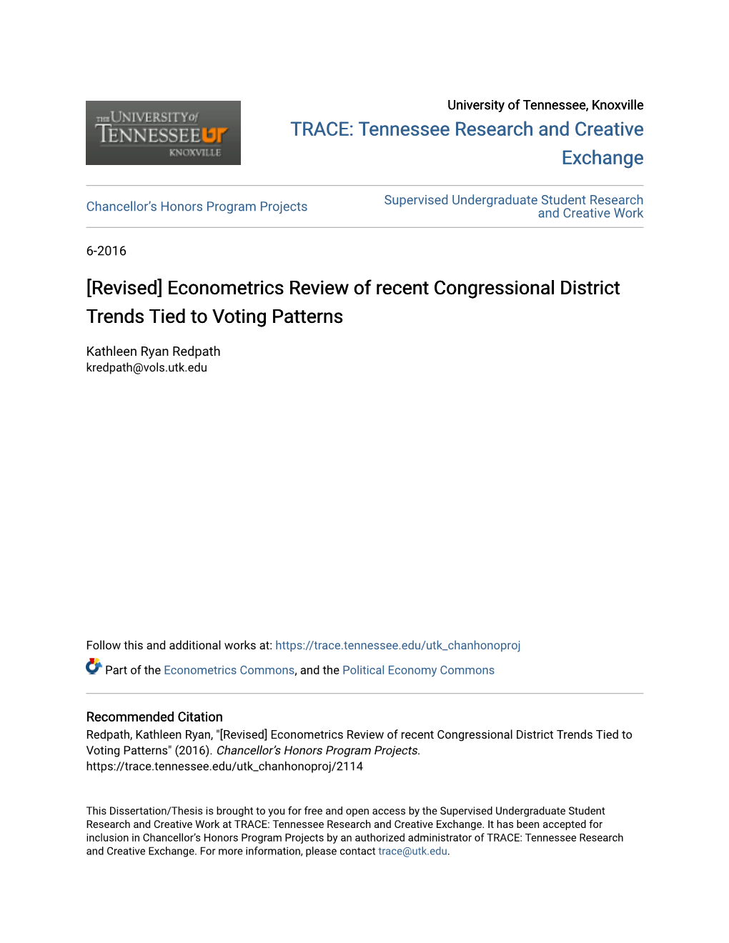 Econometrics Review of Recent Congressional District Trends Tied to Voting Patterns