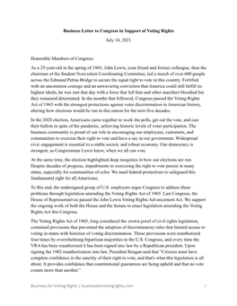 Business Letter to Congress in Support of Voting Rights July 14, 2021