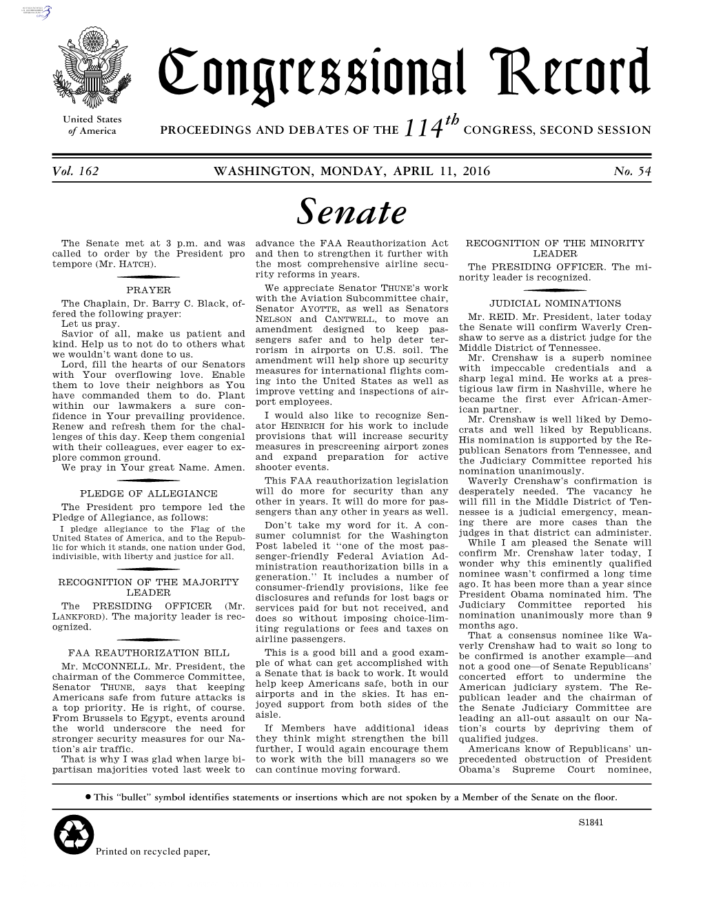 Congressional Record United States Th of America PROCEEDINGS and DEBATES of the 114 CONGRESS, SECOND SESSION