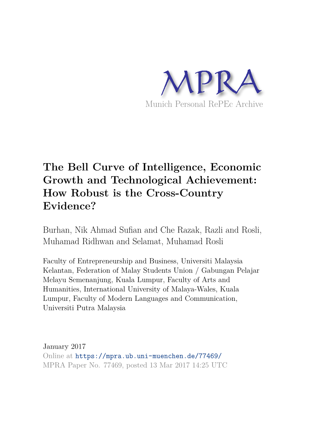 The Bell Curve of Intelligence, Economic Growth and Technological Achievement: How Robust Is the Cross-Country Evidence?