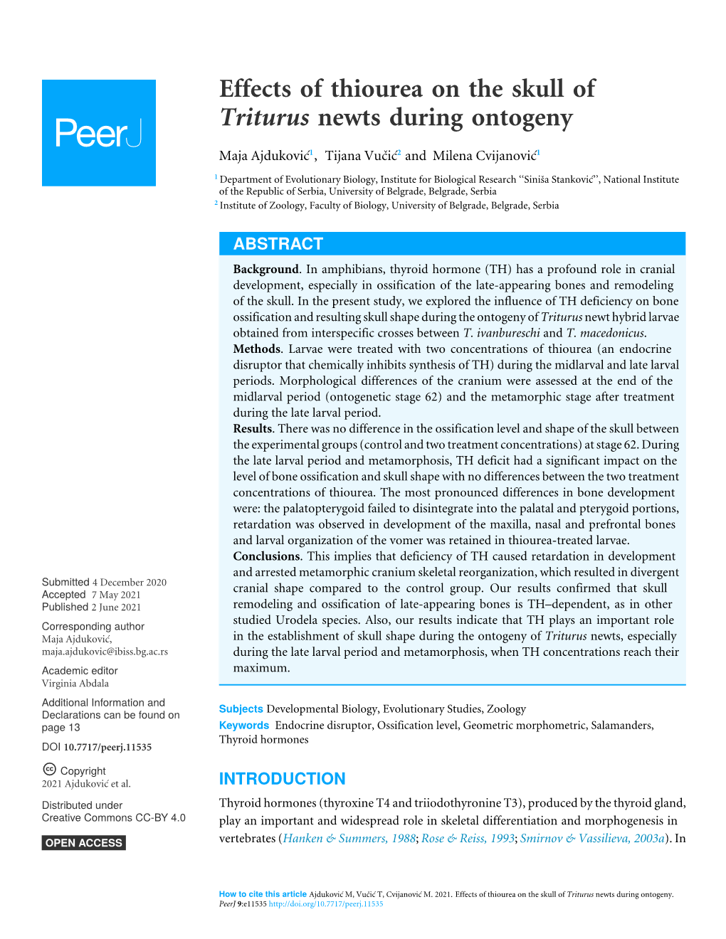 Effects of Thiourea on the Skull of Triturus Newts During Ontogeny