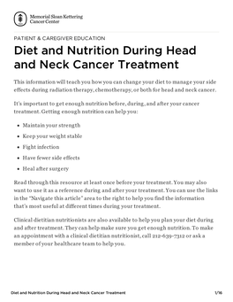Diet and Nutrition During Head and Neck Cancer Treatment