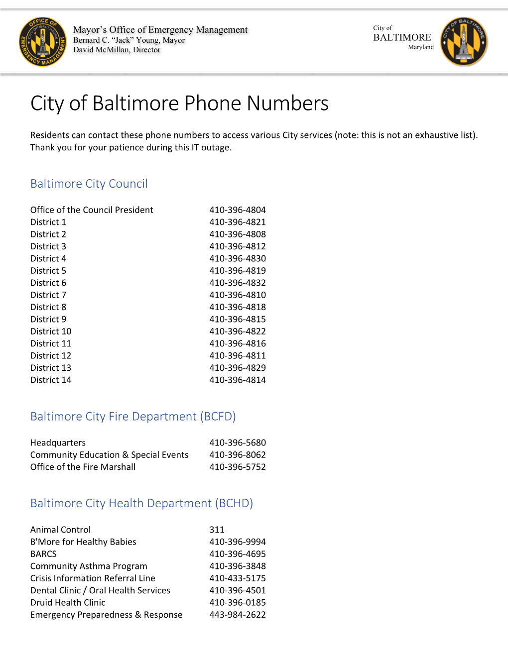 City of Baltimore Phone Numbers