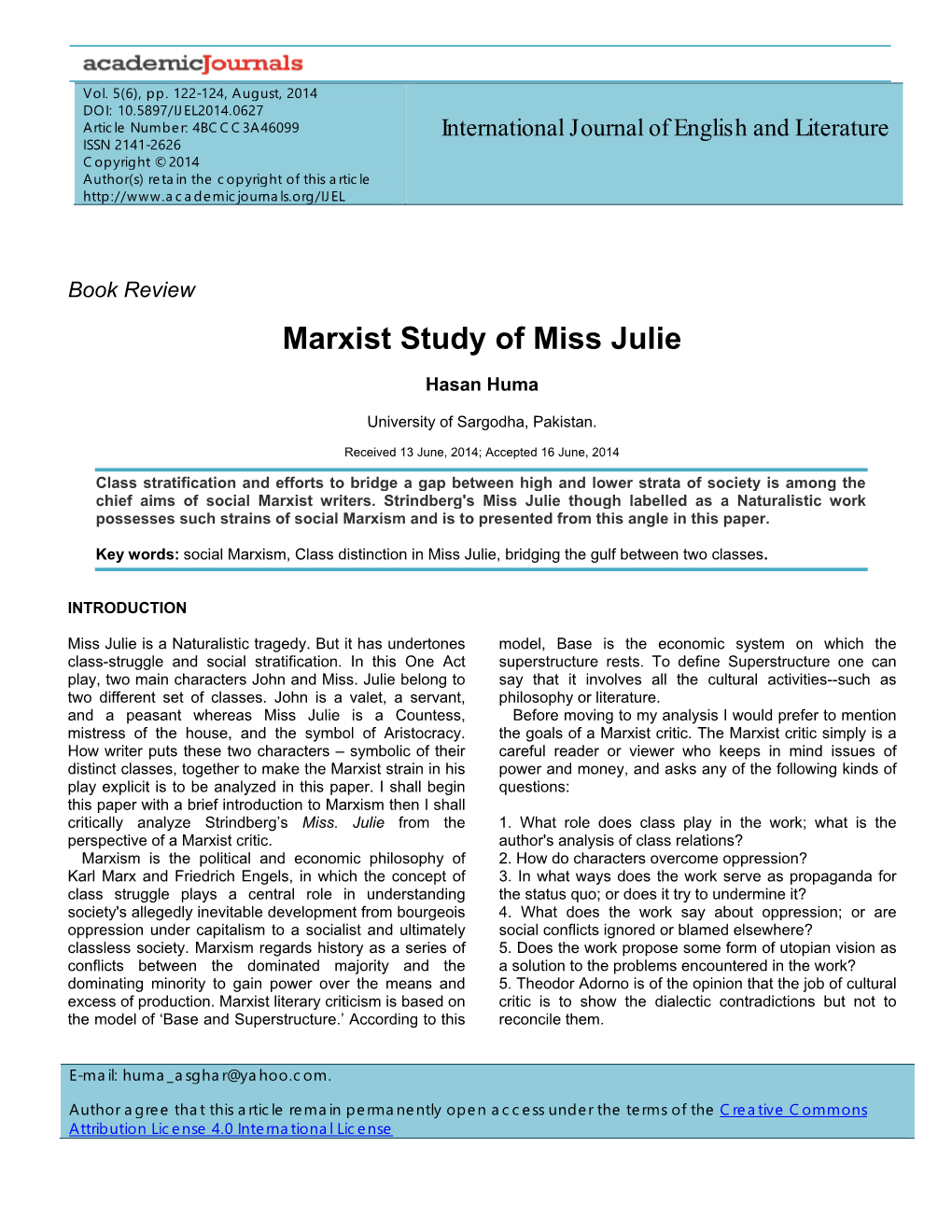 Marxist Study of Miss Julie