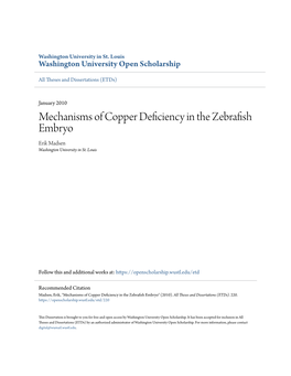 Mechanisms of Copper Deficiency in the Zebrafish Embryo Erik Madsen Washington University in St