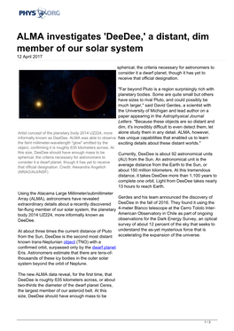 ALMA Investigates 'Deedee,' a Distant, Dim Member of Our Solar System 12 April 2017