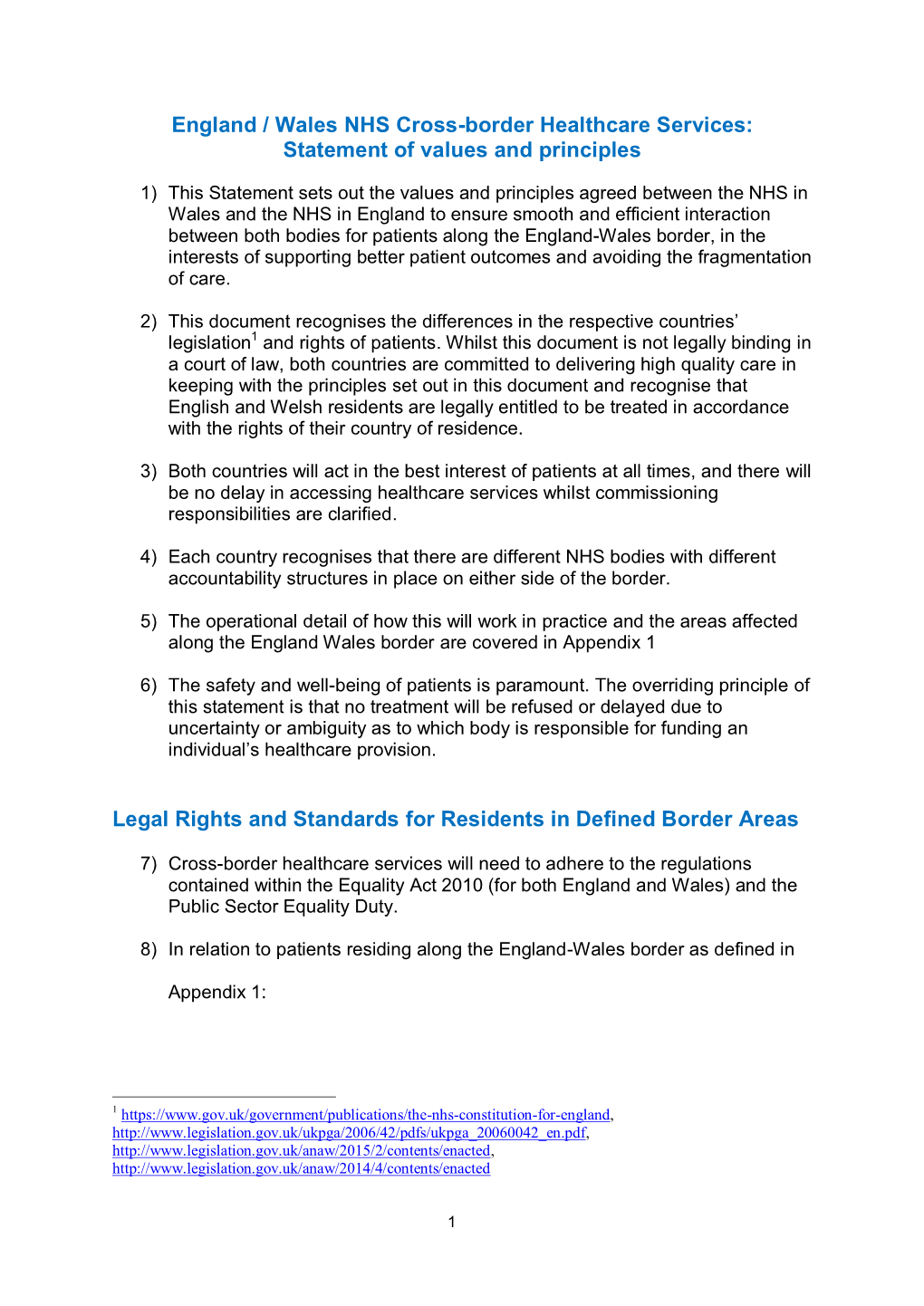England / Wales NHS Cross-Border Healthcare Services: Statement of Values and Principles