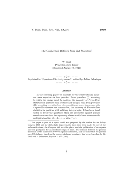 1940 the Connection Between Spin and Statistics1