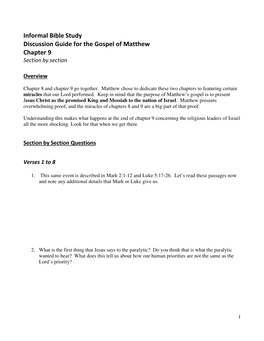 Informal Bible Study Discussion Guide for the Gospel of Matthew Chapter 9 Section by Section