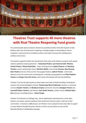 40 More Theatres Supported with Final Theatre Reopening Fund Grants