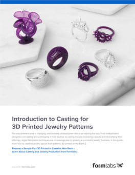 Introduction to Casting for 3D Printed Jewelry Patterns the Way Jewelers Work Is Changing, and Castable Photopolymer Resins Are Leading the Way