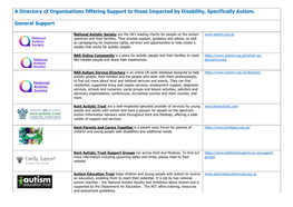 A Directory of Organisations Offering Support to Those Impacted by Disability, Specifically Autism