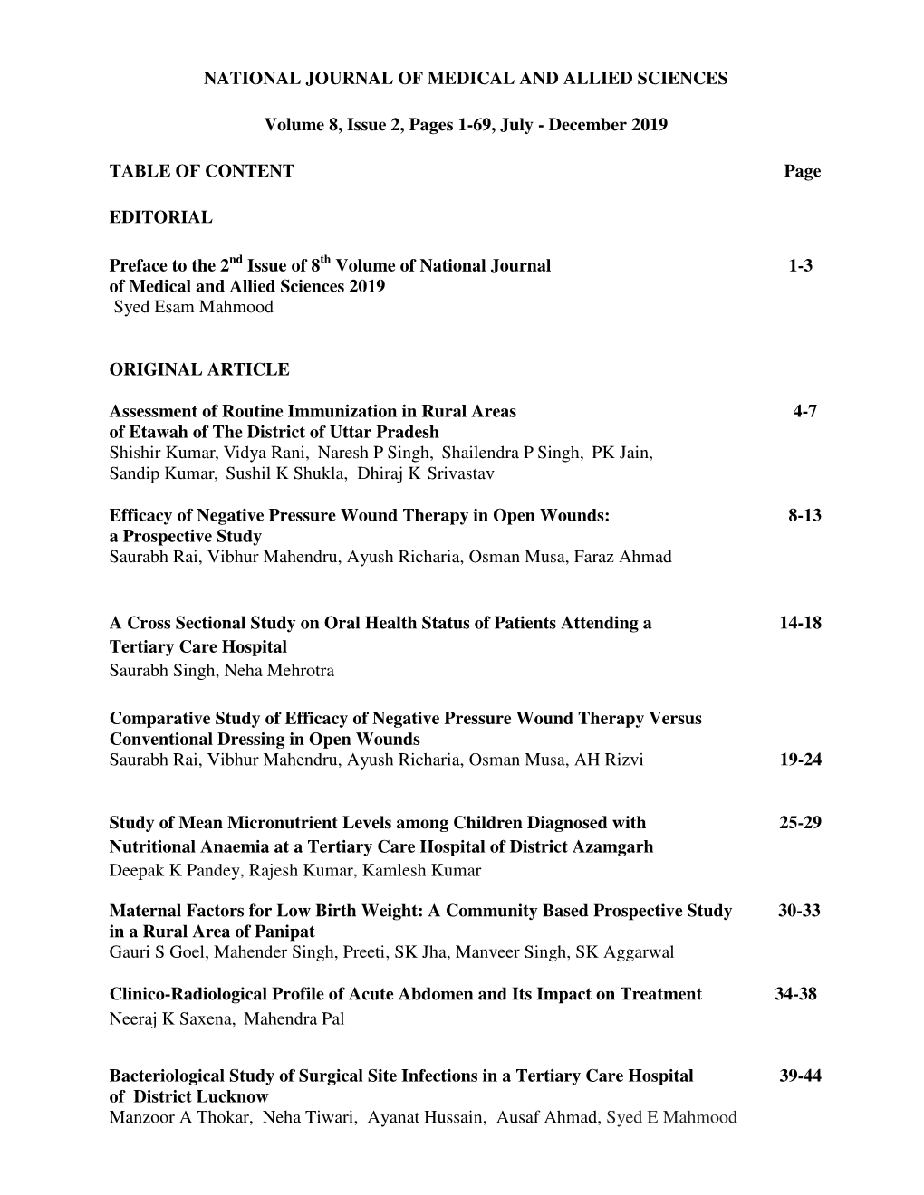 NATIONAL JOURNAL of MEDICAL and ALLIED SCIENCES Volume 8