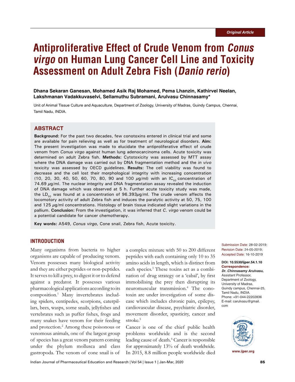 Antiproliferative Effect of Crude Venom from Conus Virgo on Human Lung Cancer Cell Line and Toxicity Assessment on Adult Zebra Fish (Danio Rerio)