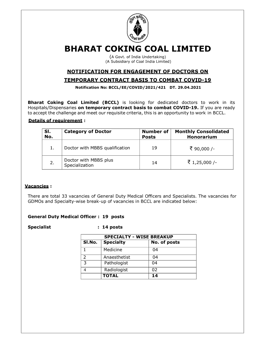 BHARAT COKING COAL LIMITED (A Govt