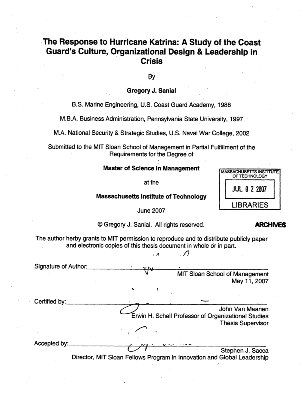 The Response to Hurricane Katrina: a Study of the Coast Guard's Culture, Organizational Design & Leadership in Crisis