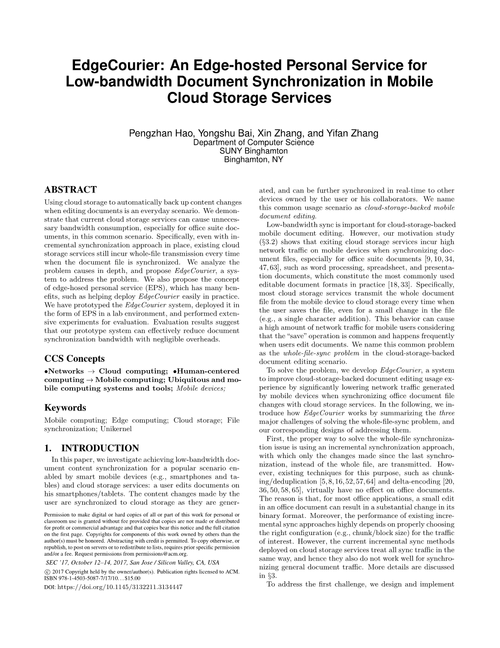 An Edge-Hosted Personal Service for Low-Bandwidth Document Synchronization in Mobile Cloud Storage Services