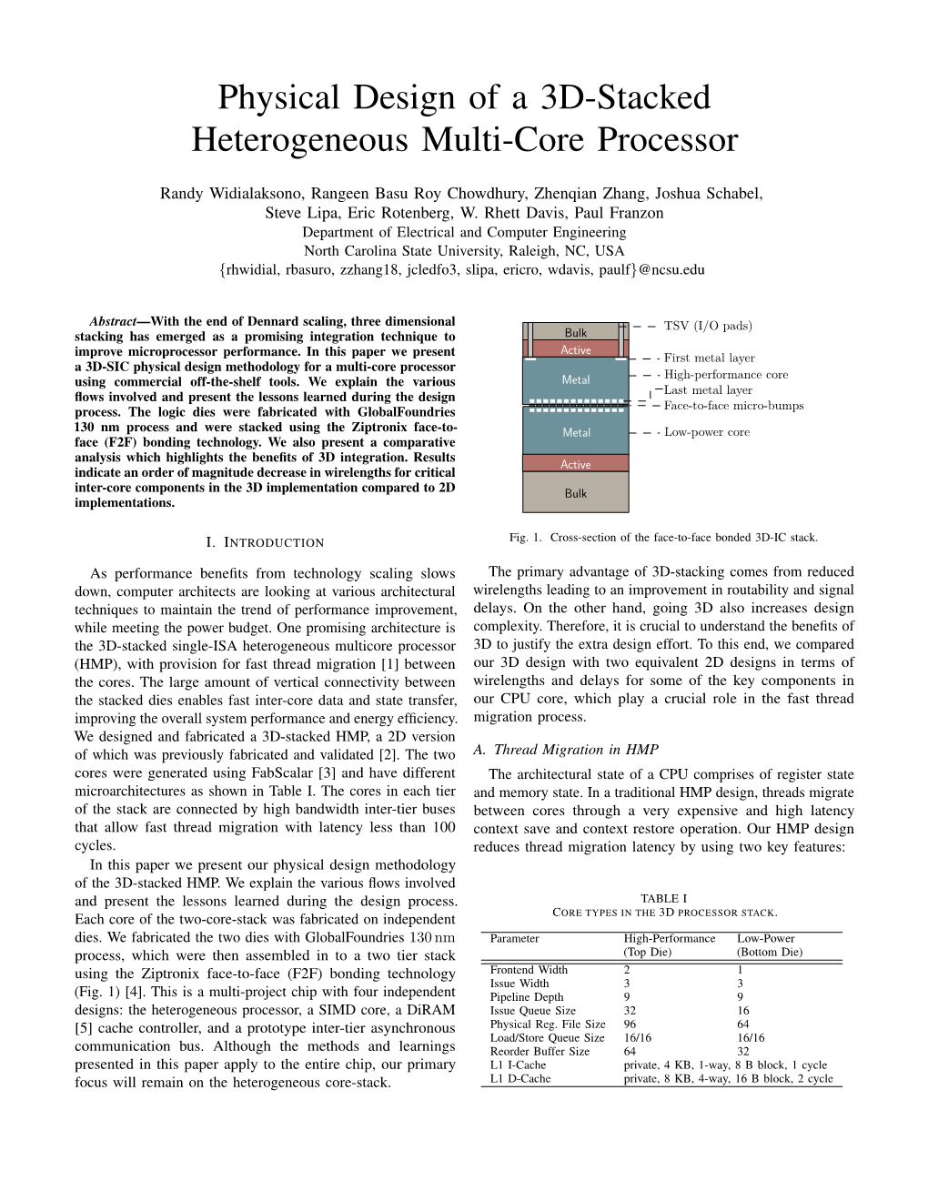 Physical Design of a 3D-Stacked Heterogeneous Multi-Core Processor